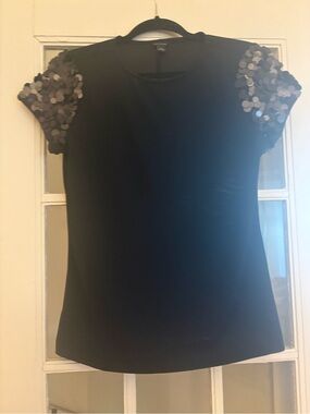 Ann Taylor Black Short Sleeve Tee with Sequin Accent Sleeves